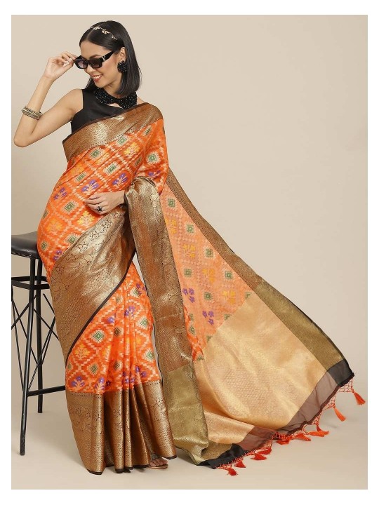 Women's Ikkat Designer Silk Saree With Unstiched Blouse Piece